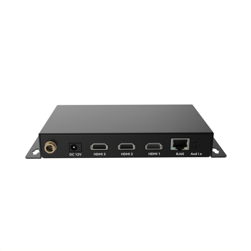 Face arrière du media player : DC 12V, 3x HDMI, RJ45, audio